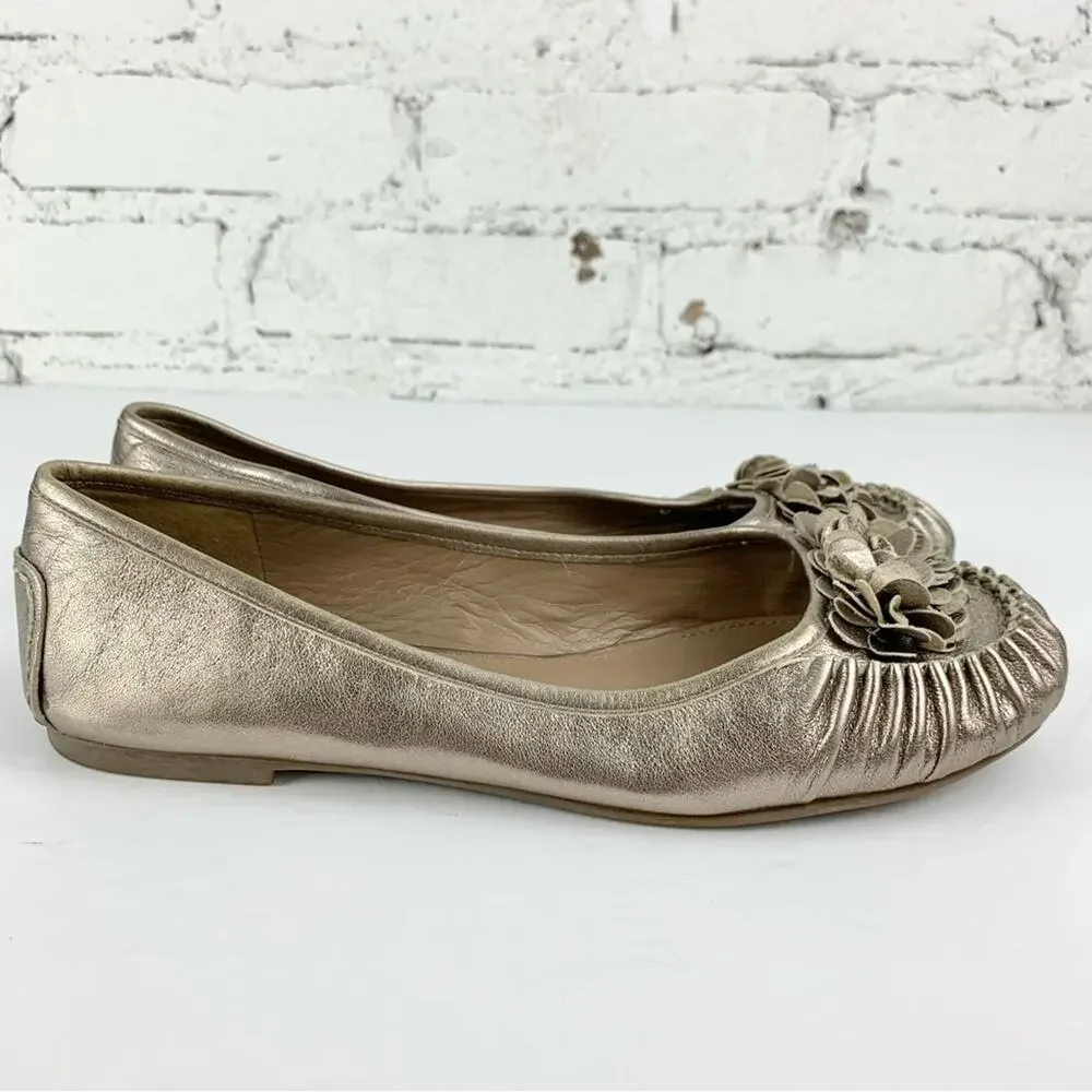Ecco Metallic Silver Gold Leather Floral Ballet Slip On Flats 40